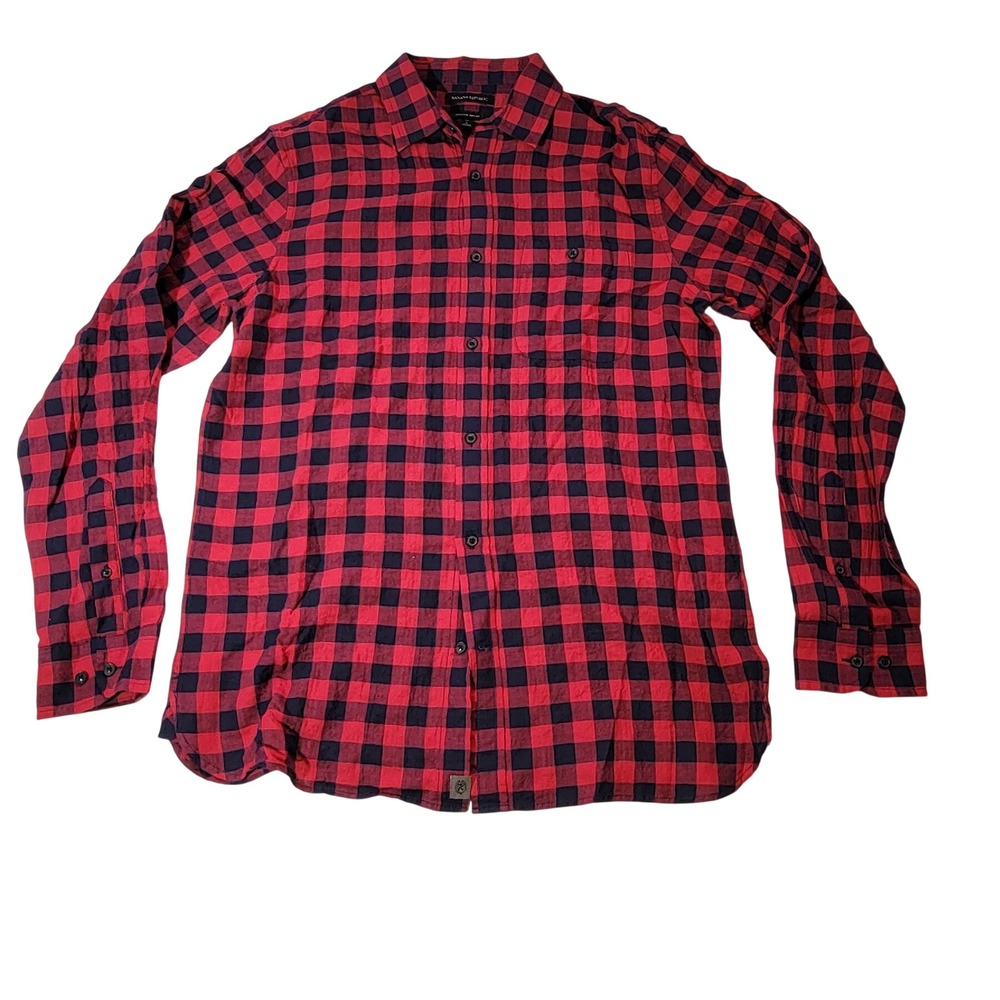 Banana Republic Mens Red Navy Buffalo Plaid Untucked Slim Fit Shirt Tall Large